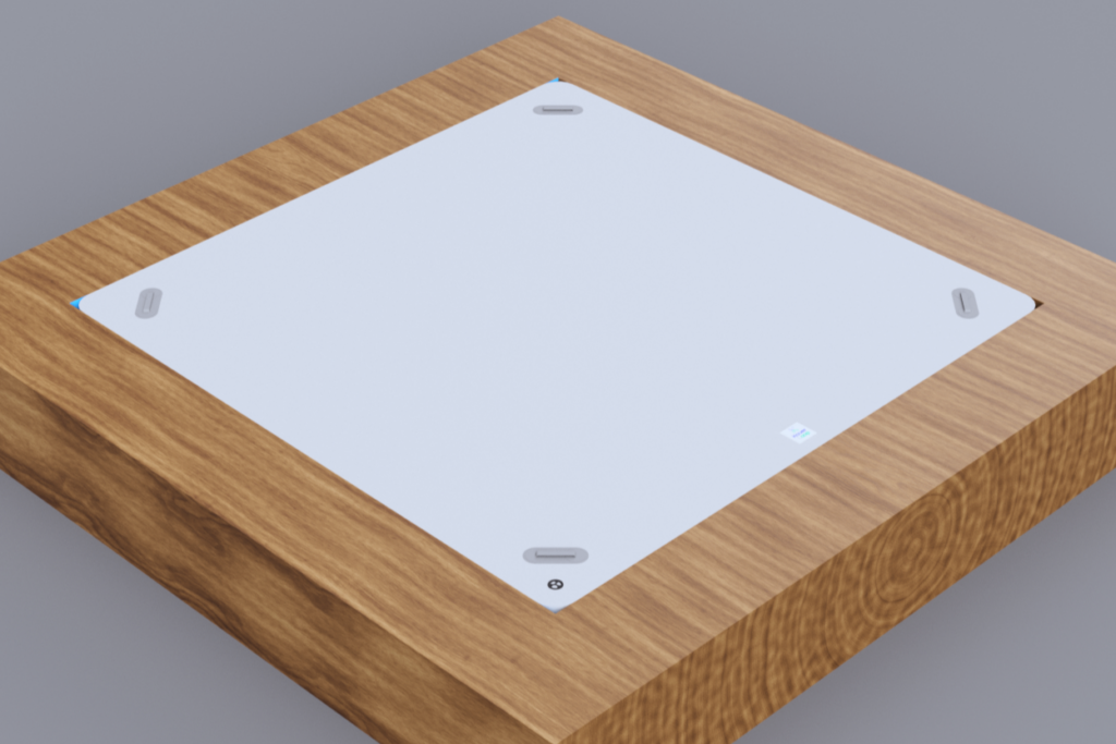 Modélisation 3D d'une membrane gonflable KOVERLOOP grise sur un bassin carré avec terrasse en bois, offrant une isolation thermique optimale